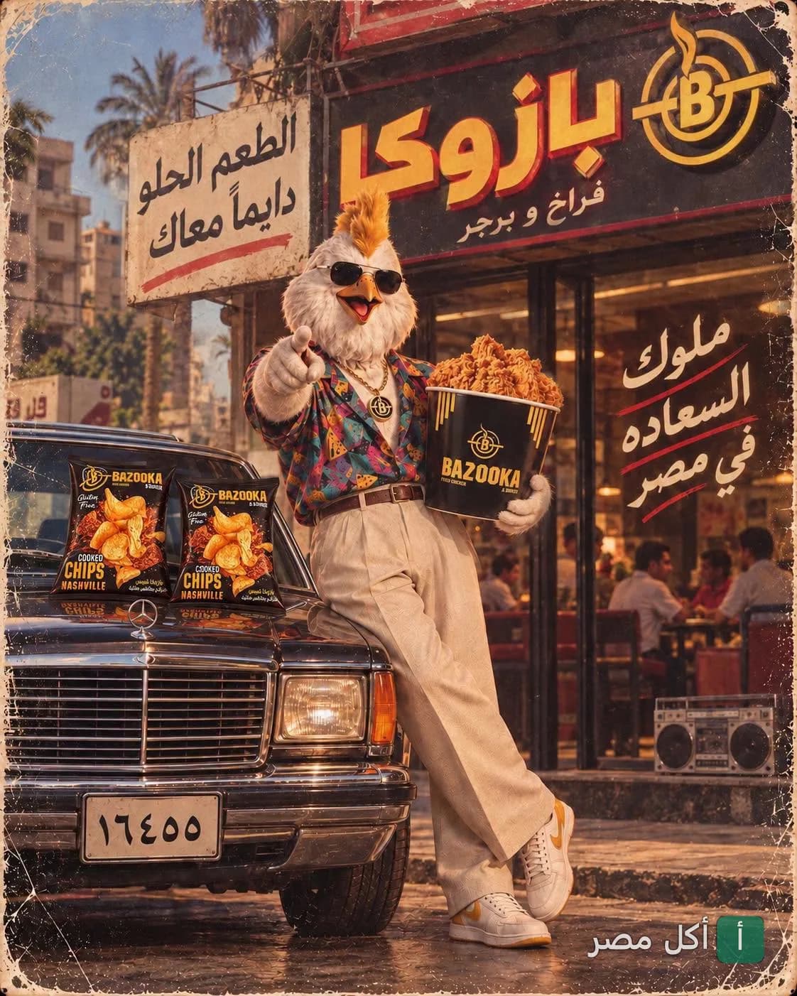 تميمة بازوكا يرتدي نظارة شمسية ويحمل دلو دجاج مقلي أمام فرع بازوكا وسيارة كلاسيكية.