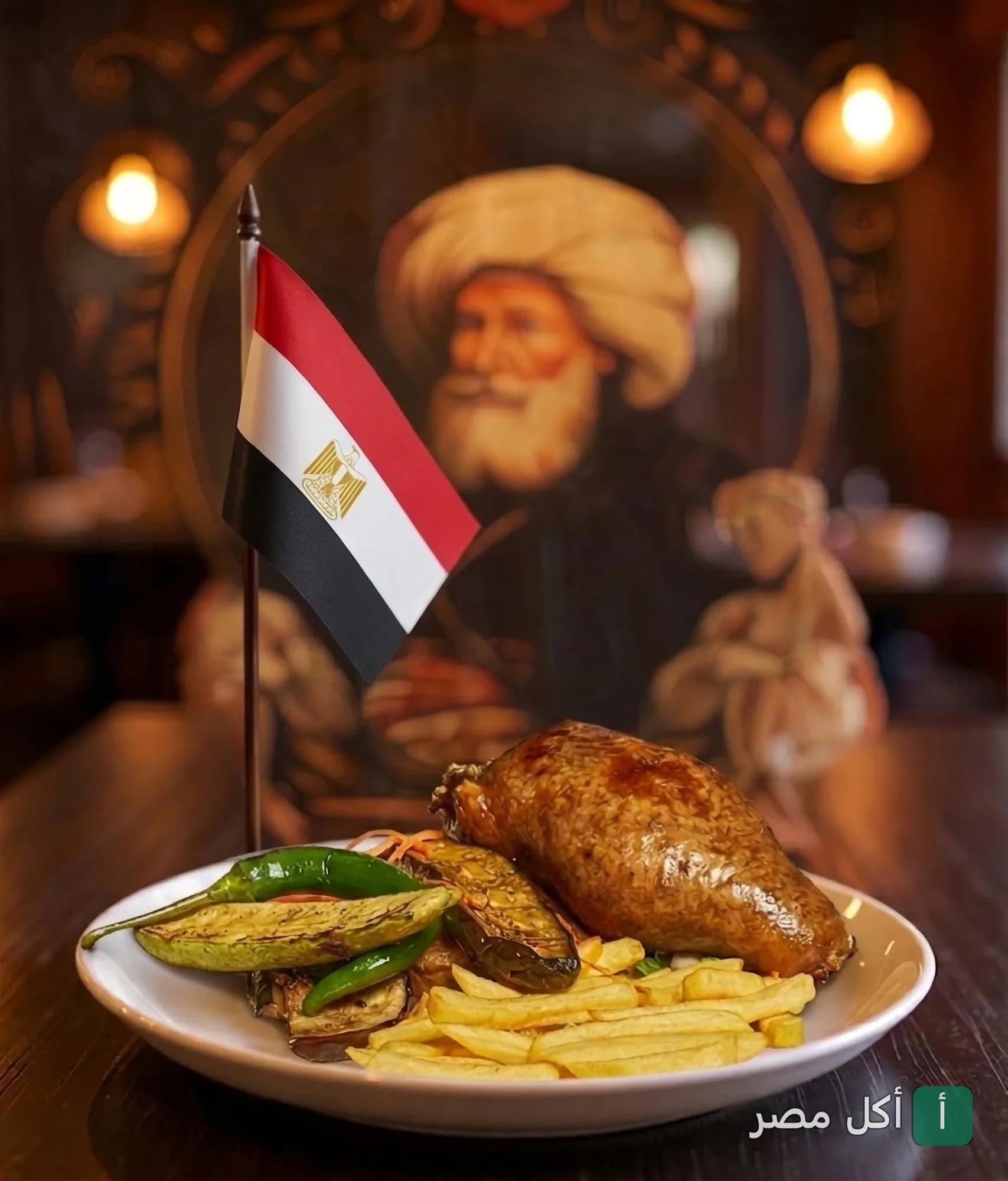 طبق مشويات شرقي مع بطاطس محمرة بجانب علم مصر في مطعم الخديوي بالصف.