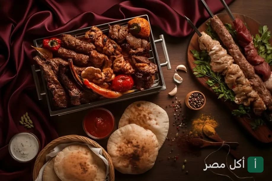 تشكيلة مشاوي شرقية متنوعة مع خبز بلدي ومقبلات في مطعم الخديوي بالصف.