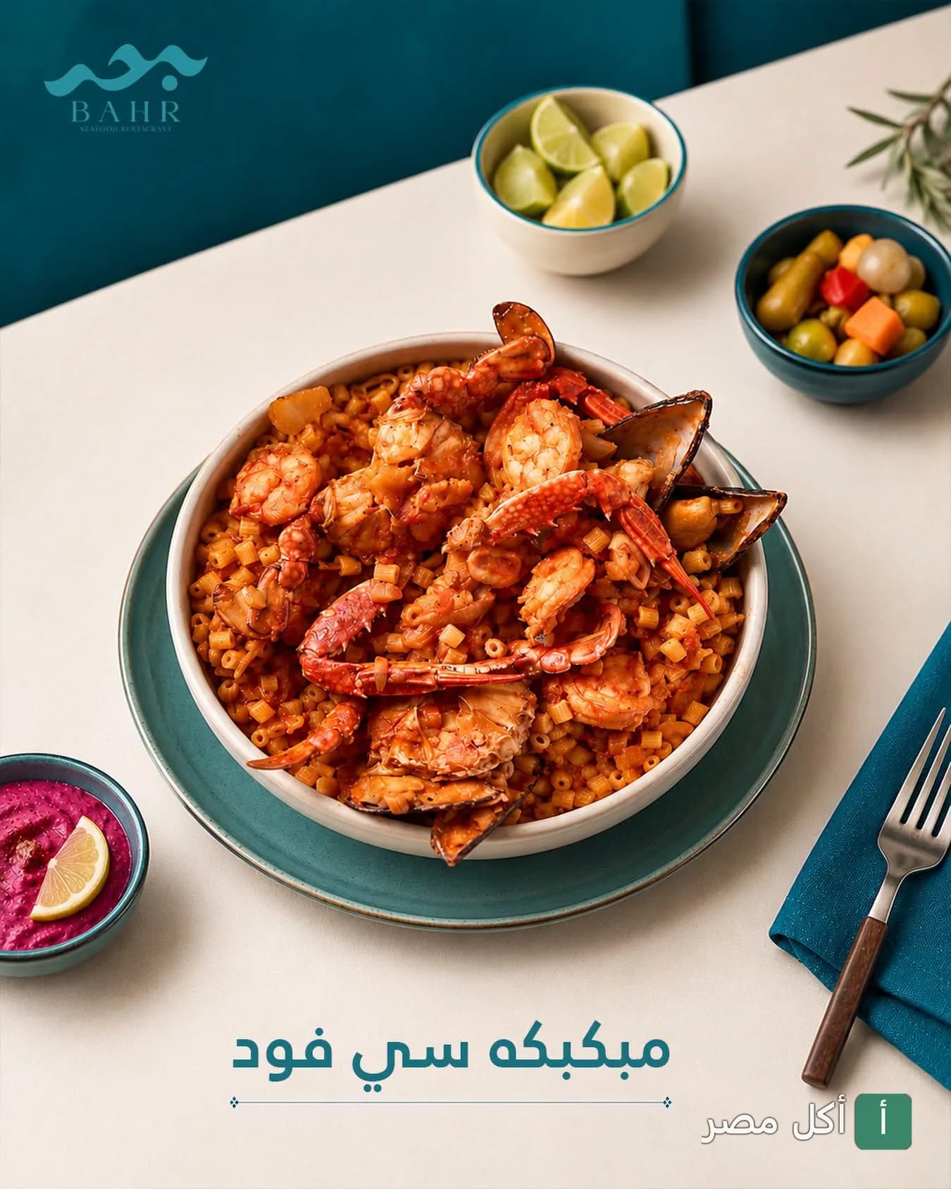 طبق مكرونة مبكبكة بالسي فود مع الجمبري والكابوريا في مطعم بحر بالشيخ زايد