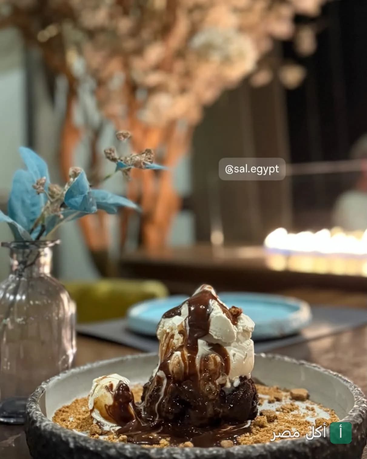 طبق حلوى براونيز مع آيس كريم وصوص شوكولاتة في مطعم سال للمأكولات المتوسطية بالشيخ زايد.