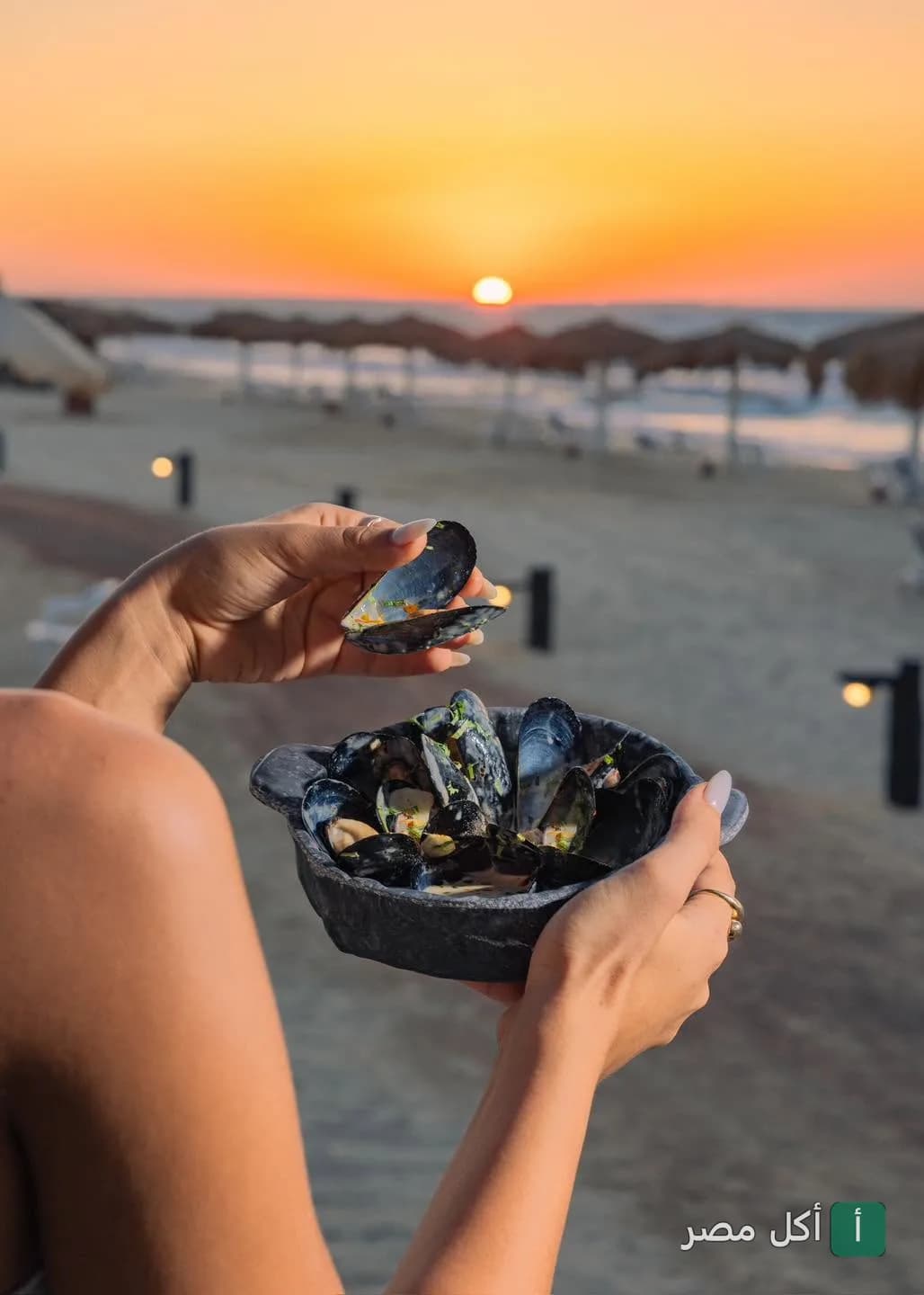 طبق بلح البحر في مطعم لوسيدا بأركان بلازا وقت الغروب على الشاطئ.