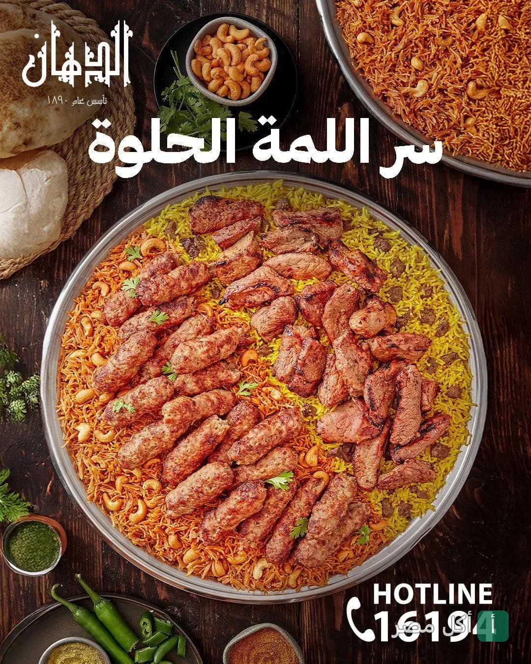 صينية مشويات الدهان تضم كفتة وقطع لحم مشوية على أرز مصري بالمكسرات في مطعم الدهان بالشيخ زايد.