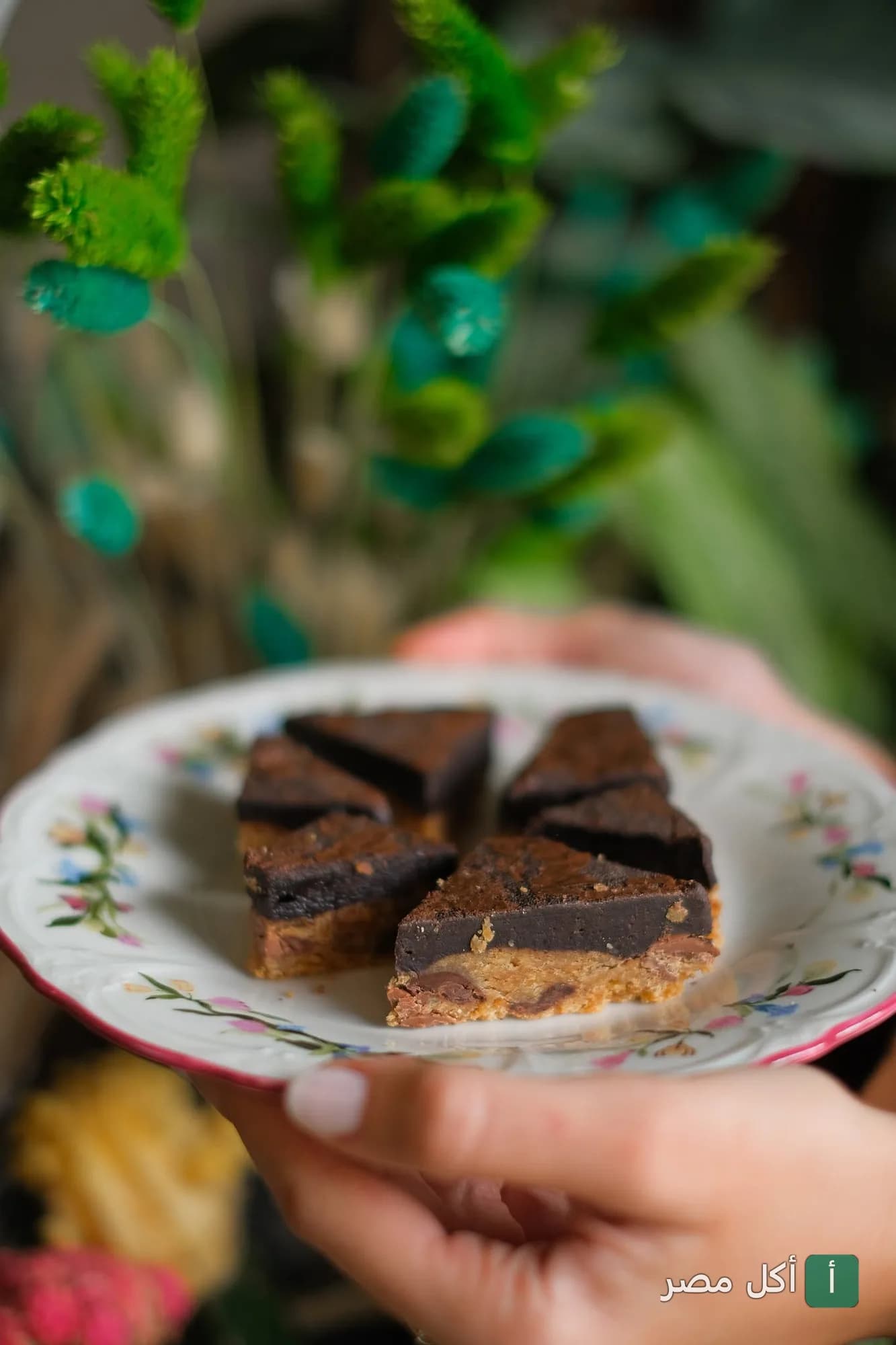قطع براونيز بالشوكولاتة مقدمة في طبق مزخرف في كافيه Blooms and Beans بالشيخ زايد.
