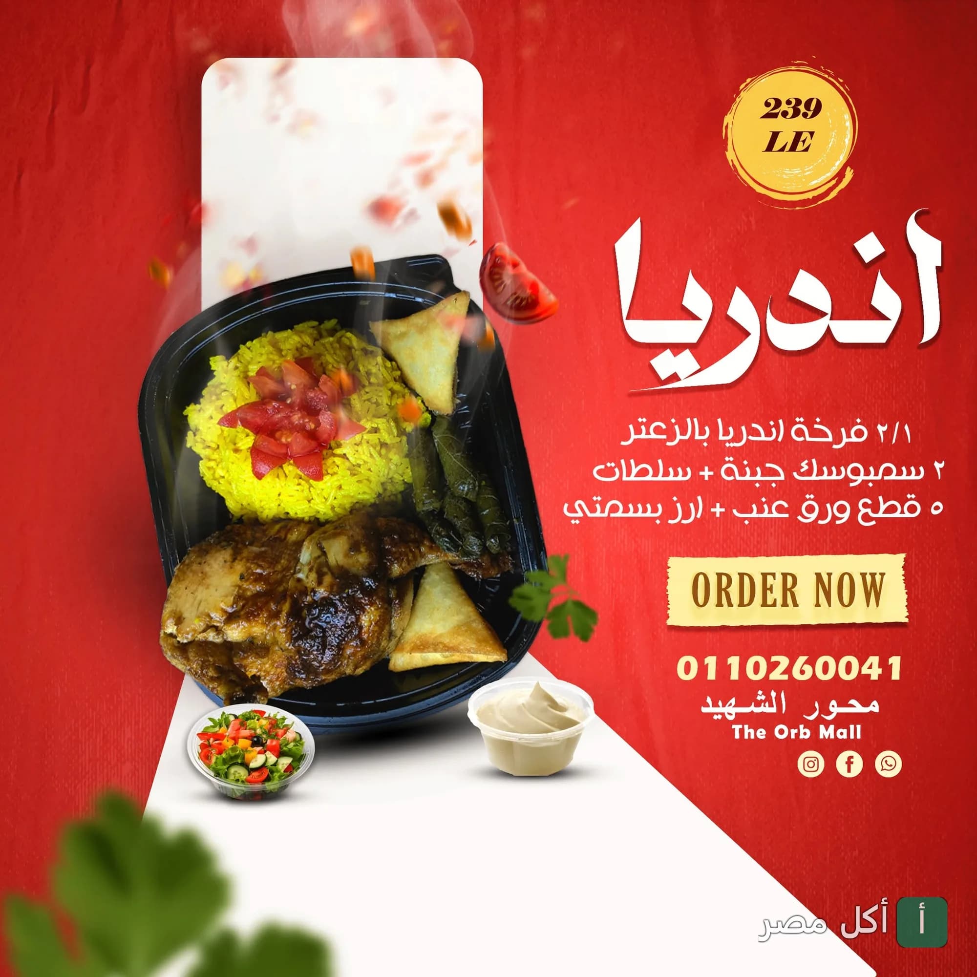 وجبة مشاوي من مطعم أندريا ميريلاند تحتوي على نصف دجاجة وأرز بسمتي وسمبوسك وورق عنب وسلطات.