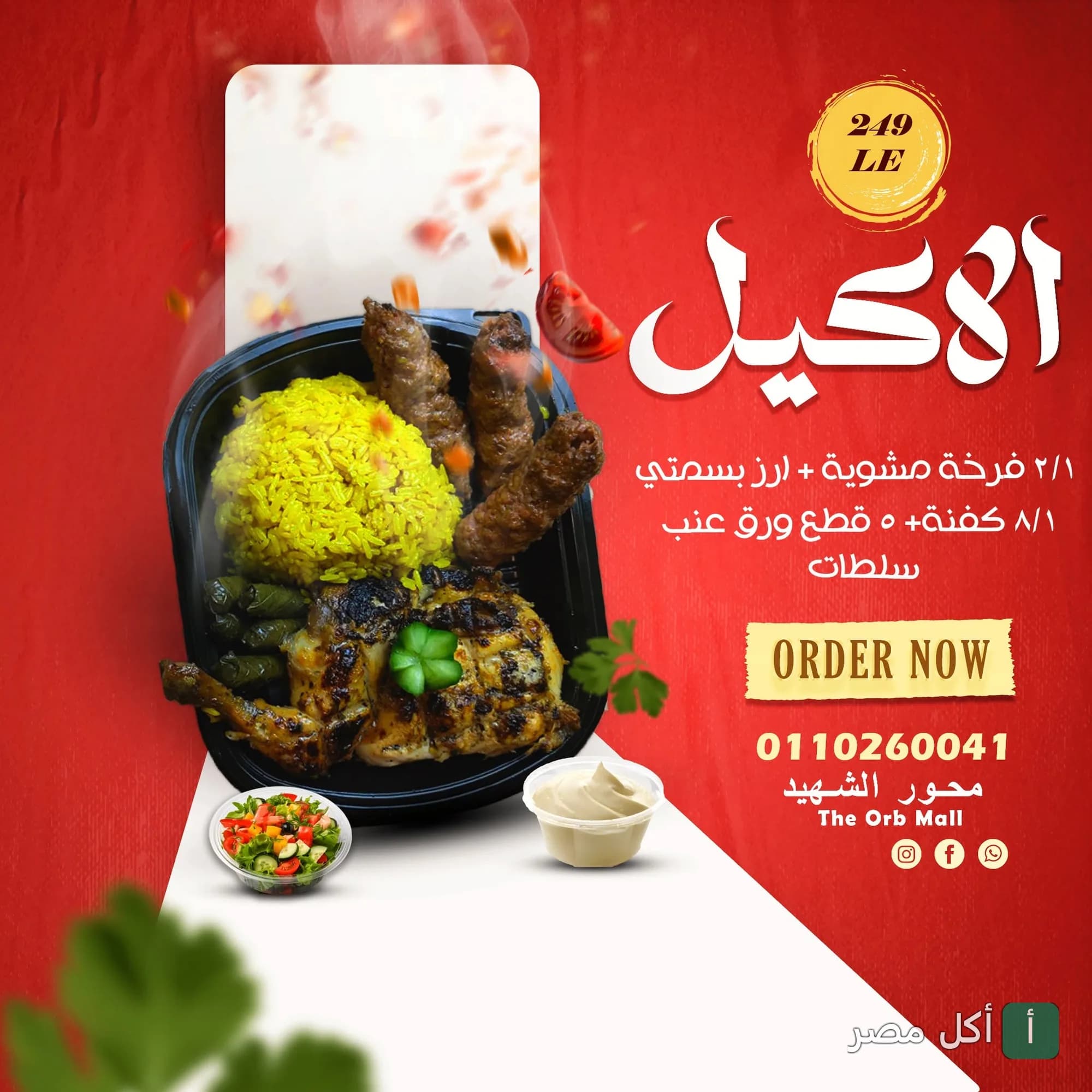 وجبة مشاوي من أندريا ميريلاند تتضمن نصف فرخة مشوية، كفتة، أرز بسمتي، وورق عنب مع سلطات.