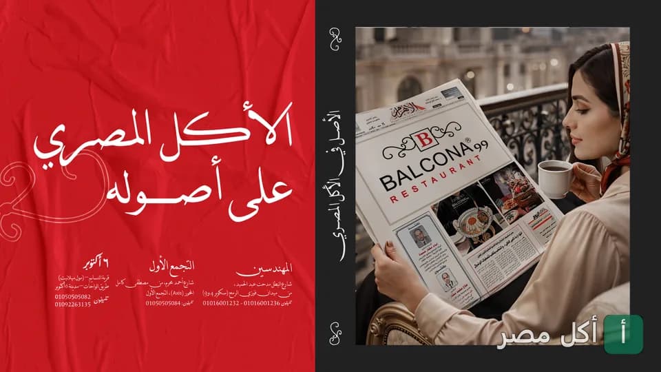 صورة غلاف مطعم بلكونة تظهر سيدة تقرأ جريدة تحمل شعار المطعم مع خلفية حمراء وتفاصيل الفروع.