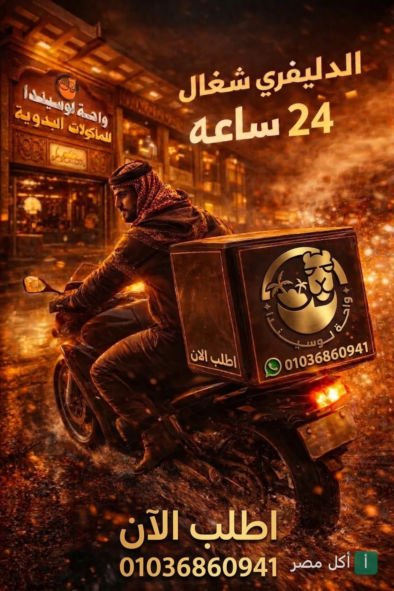 مندوب توصيل لوسيندا أواسيس بالوراق على دراجة نارية في إعلان خدمة التوصيل على مدار الساعة.
