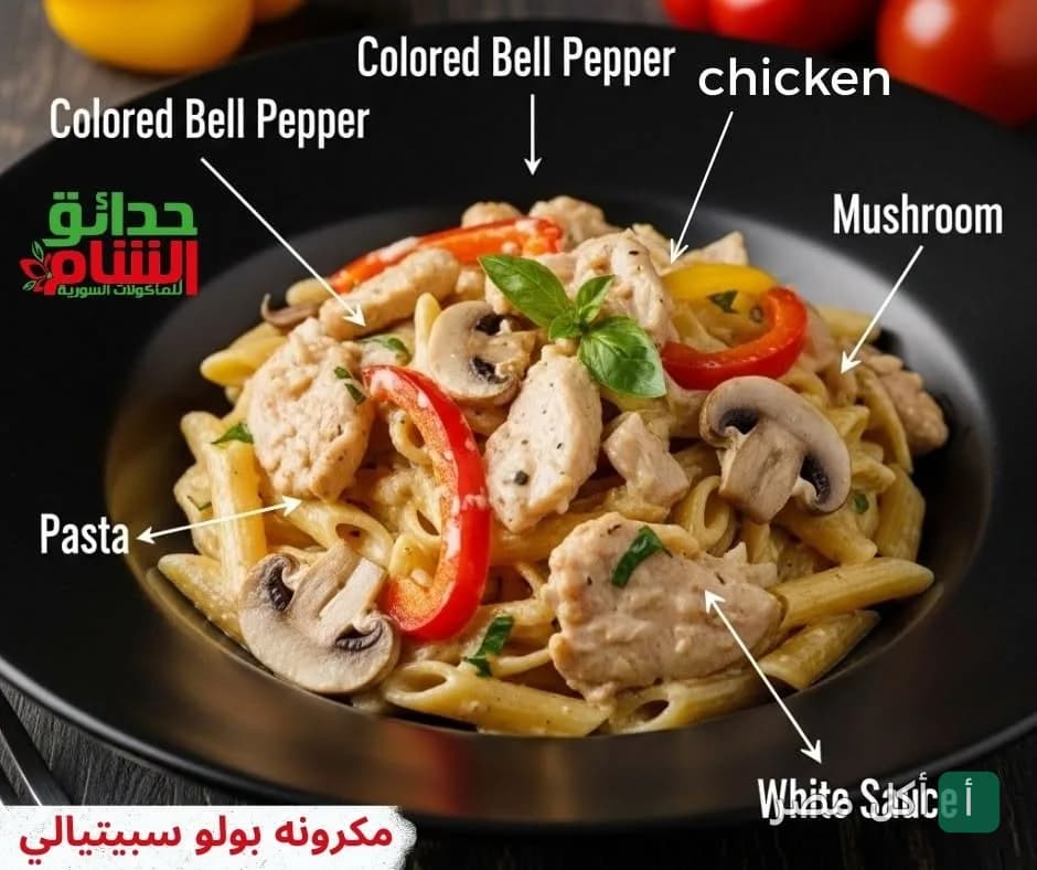 طبق مكرونة بالوايت صوص والدجاج والمشروم والفلفل الألوان من مطعم حدائق الشام في البوابة الثانية بالأهرام.