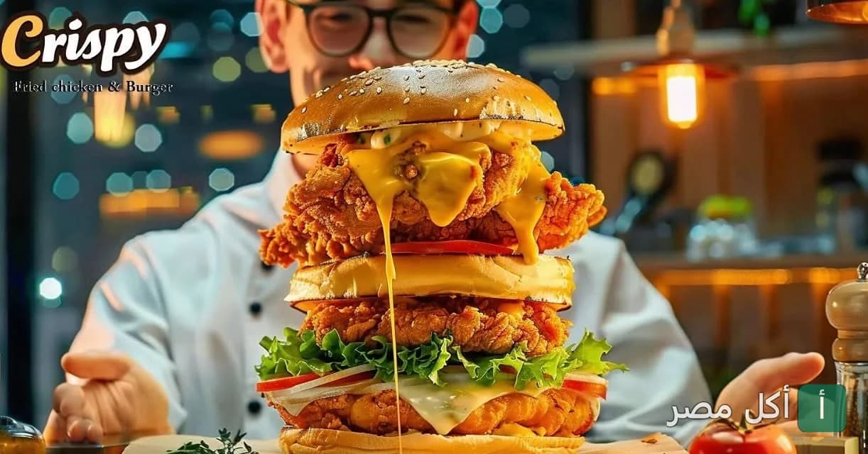 شيف يقدم ساندوتش برجر دجاج مقلي ضخم مغطى بصوص الجبن في مطعم كرسبي بالصف.