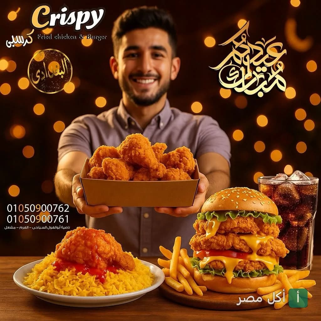 شاب يبتسم ويقدم وجبة دجاج مقلي من مطعم كرسبي في الصف مع برجر وأرز