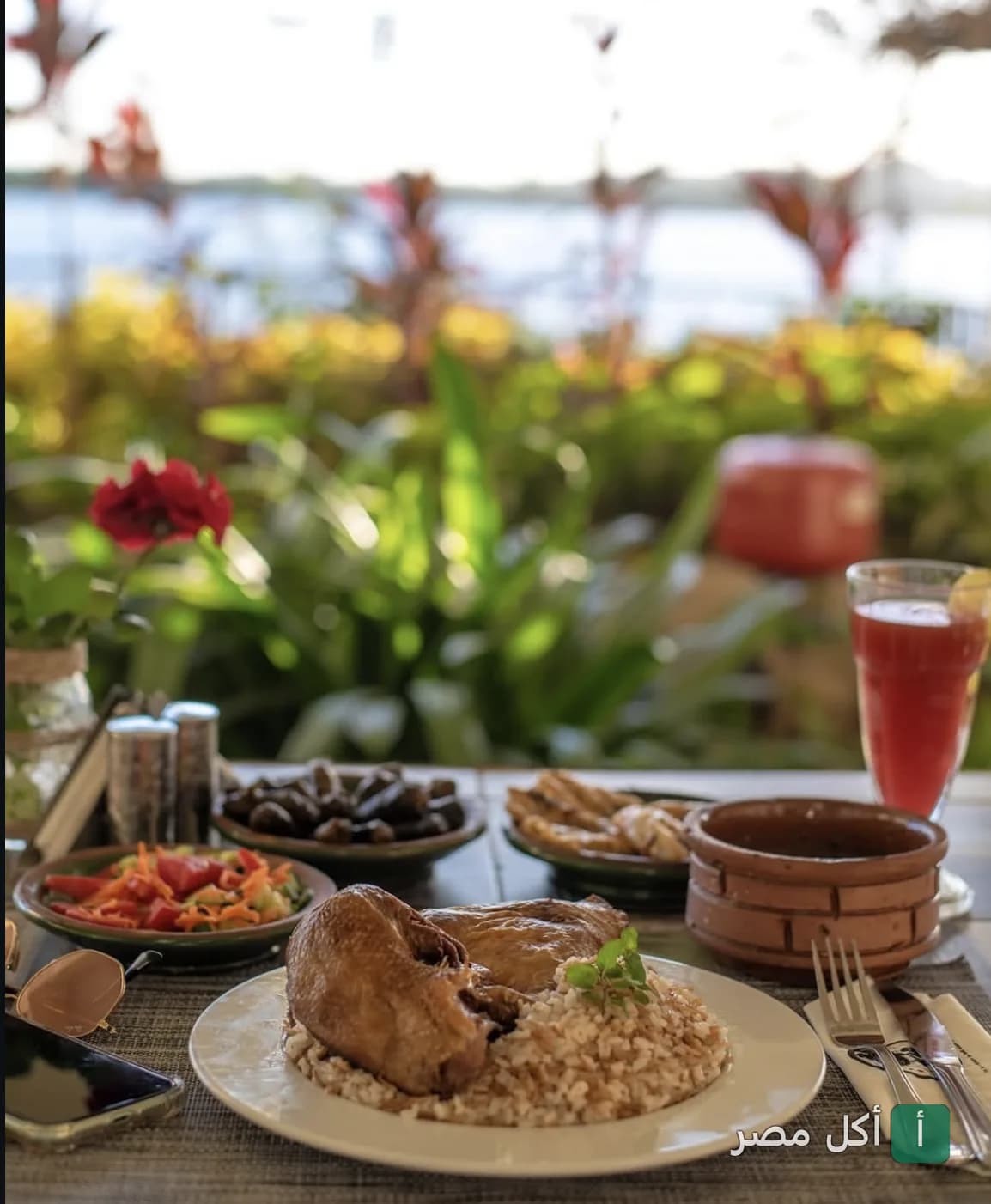 طبق أرز مع دجاج مشوي ومقبلات شرقية على طاولة في مطعم بيت عزيز مصر.