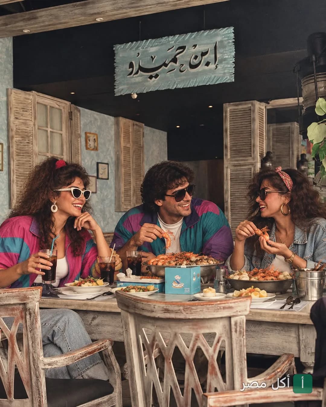 مجموعة أصدقاء يستمتعون بتناول المأكولات البحرية في مطعم أسماك ابن حميدو بالإسكندرية.