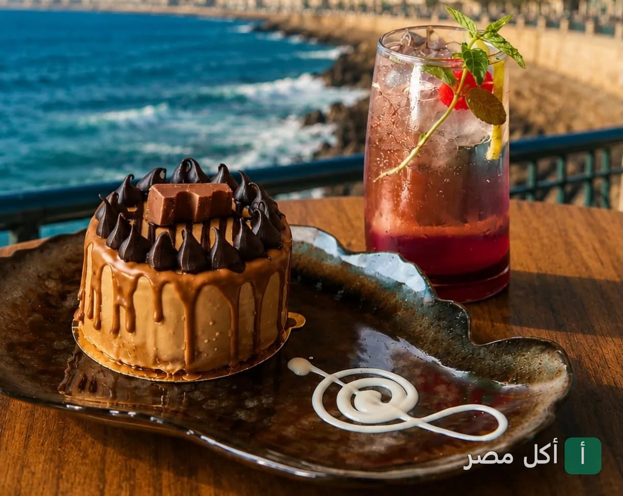 قطعة جاتوه بالشوكولاتة وكوب مشروب بارد على طاولة تطل على البحر في مطعم بورتوفينو بالإسكندرية.