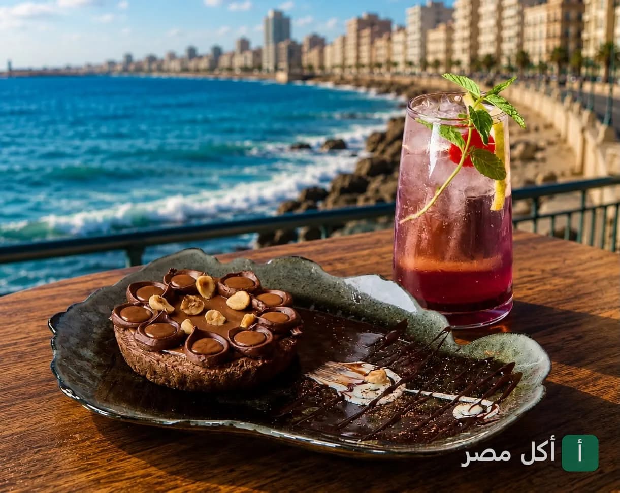 طبق حلوى بالشوكولاتة ومشروب بارد على طاولة تطل على كورنيش البحر في مطعم بورتوفينو بالإسكندرية.