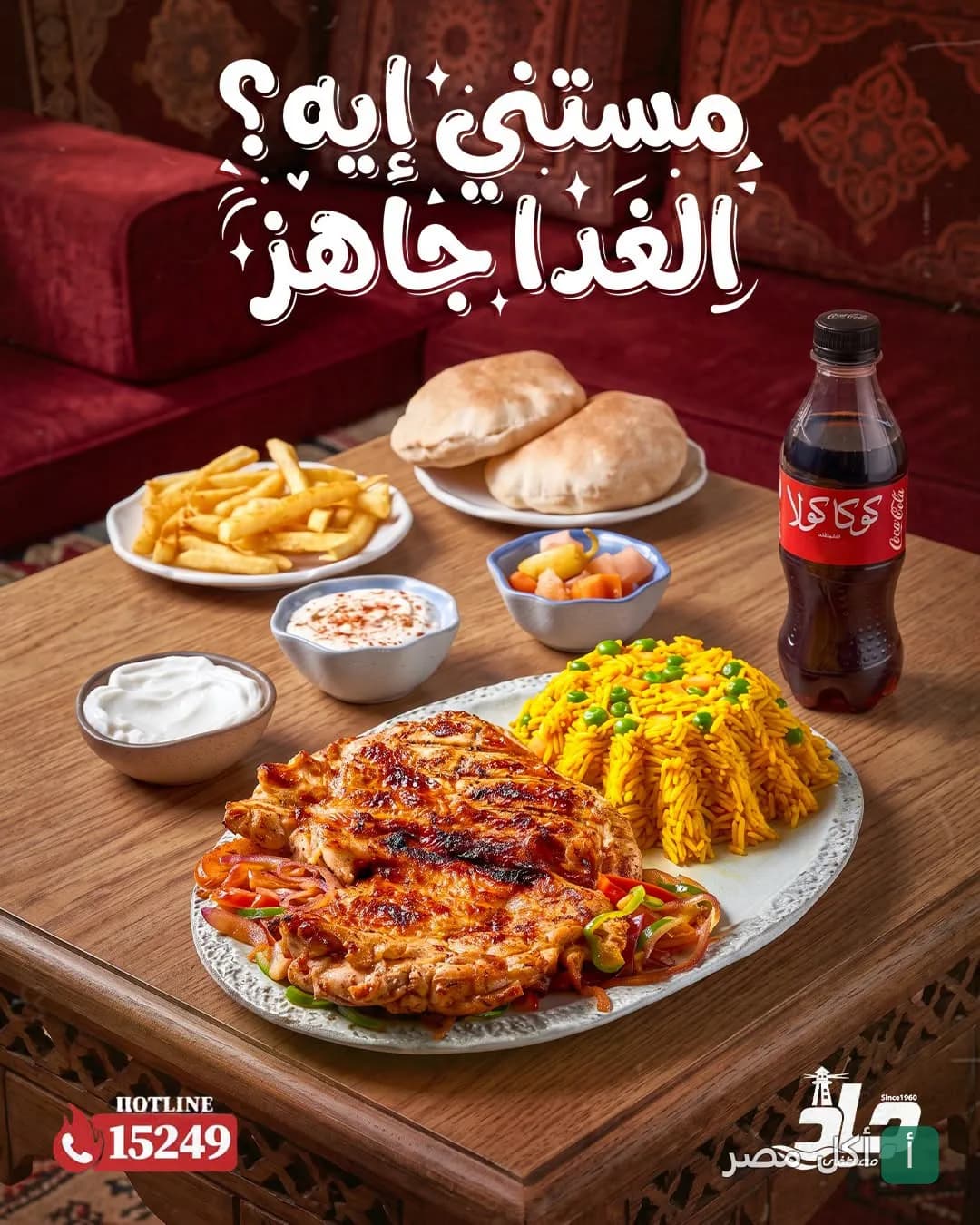 وجبة غداء من مطعم مصطفى جاد فرع الاتحاد بالإسكندرية، تتكون من دجاج مشوي وأرز بالخضار مع مقبلات ومشروب غازي.
