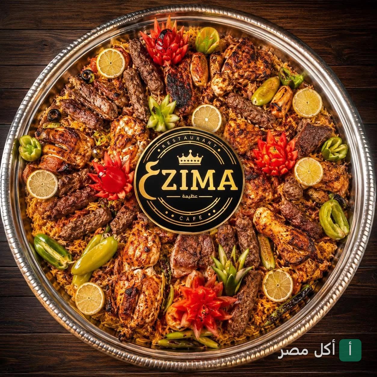 صينية مشويات كبيرة من مطعم عظيمة ببرج العرب، تحتوي على كفتة ودجاج مشوي وأرز مزينة بالليمون والخضروات.