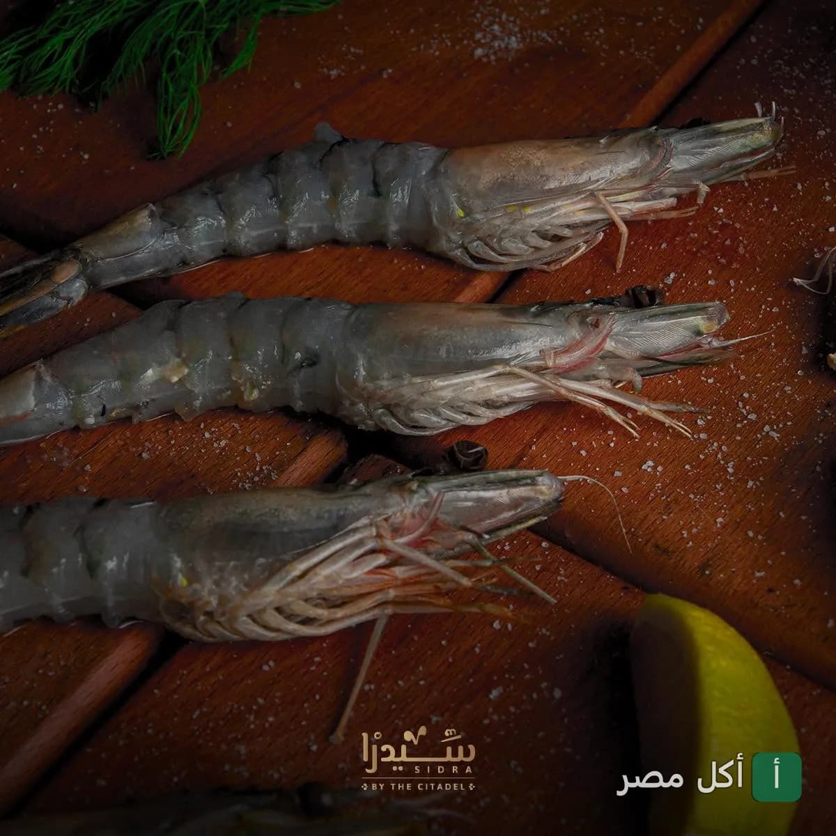 جمبري طازج ني على لوح تقطيع خشبي في مطعم وكافيه سيدرا ببرج العرب