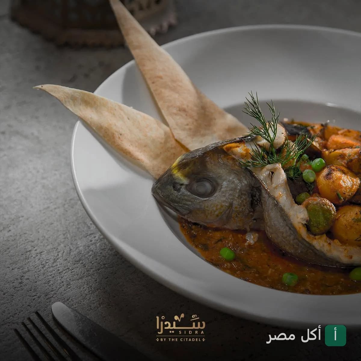 طبق سمك مشوي مع الخضار والخبز المحمص في مطعم سيدرا ببرج العرب.