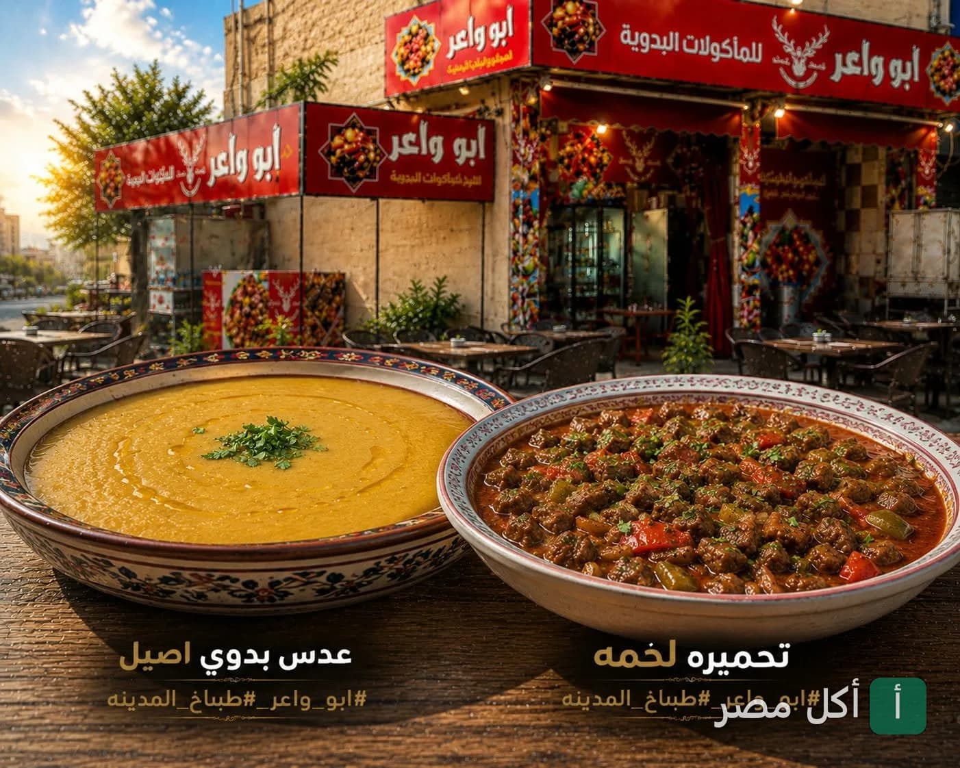 طبق عدس وطبق لحمة في مطعم الشيف عطية أبو واعر للمأكولات البدوية والمشويات ببرج العرب.