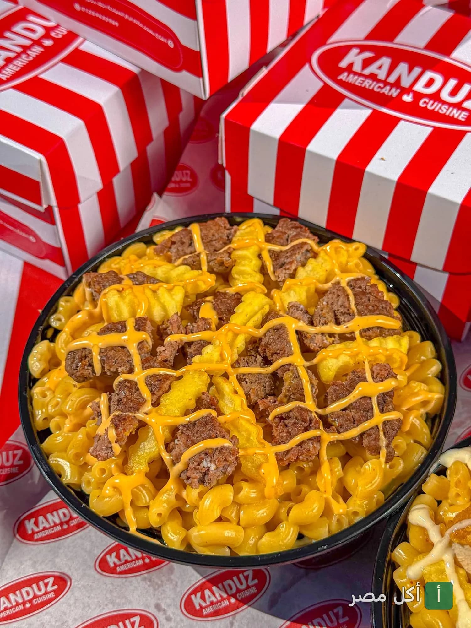 طبق مكرونة بالجبنة مع قطع اللحم والبطاطس من مطعم كندوز في كرموز بالإسكندرية.