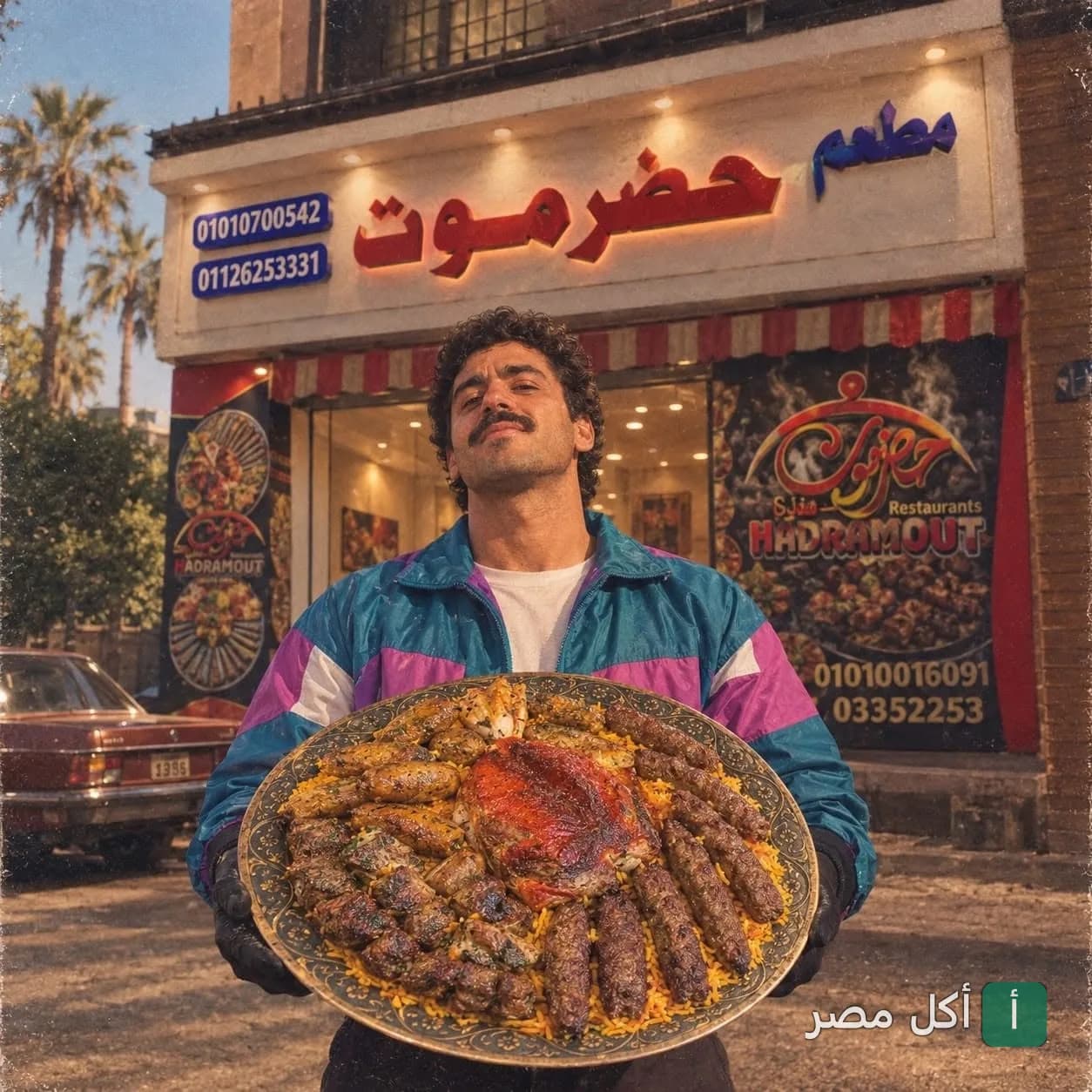 شخص يحمل صينية كبيرة من المشويات الشرقية أمام واجهة مطعم حضرموت في كرموز بالإسكندرية.