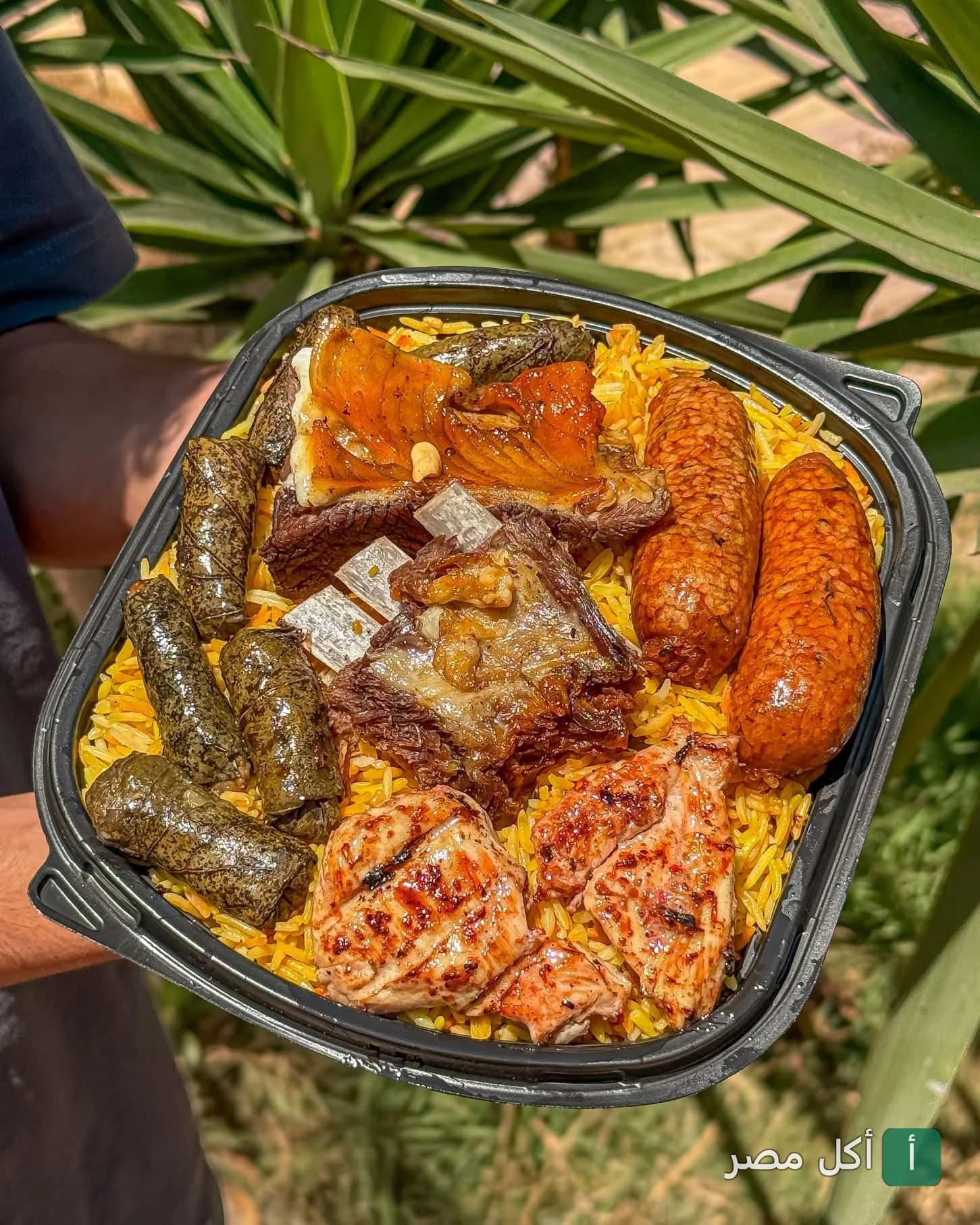 وجبة مشويات شرقية متنوعة من مطعم حضرموت في كرموز، تضم أرز ومحشي ورق عنب ولحوم مشوية.