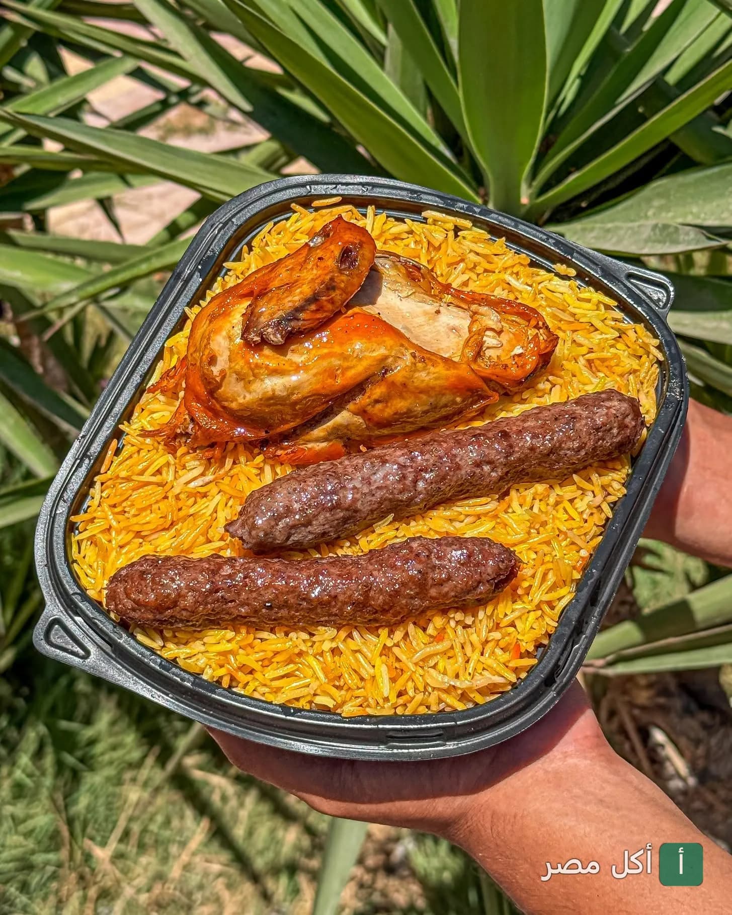 وجبة مشويات شرقية من مطعم حضرموت في كرموز، تحتوي على دجاج مشوي وكفتة مع أرز أصفر.