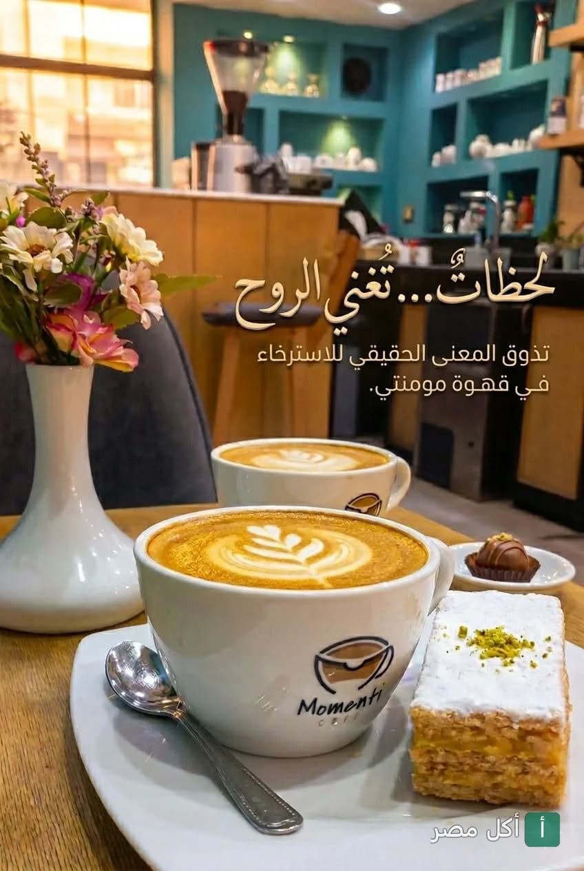 كوباية قهوة لاتيه بآرت على الوش مع قطعة حلويات في كافيه مومنتي بالإسكندرية.