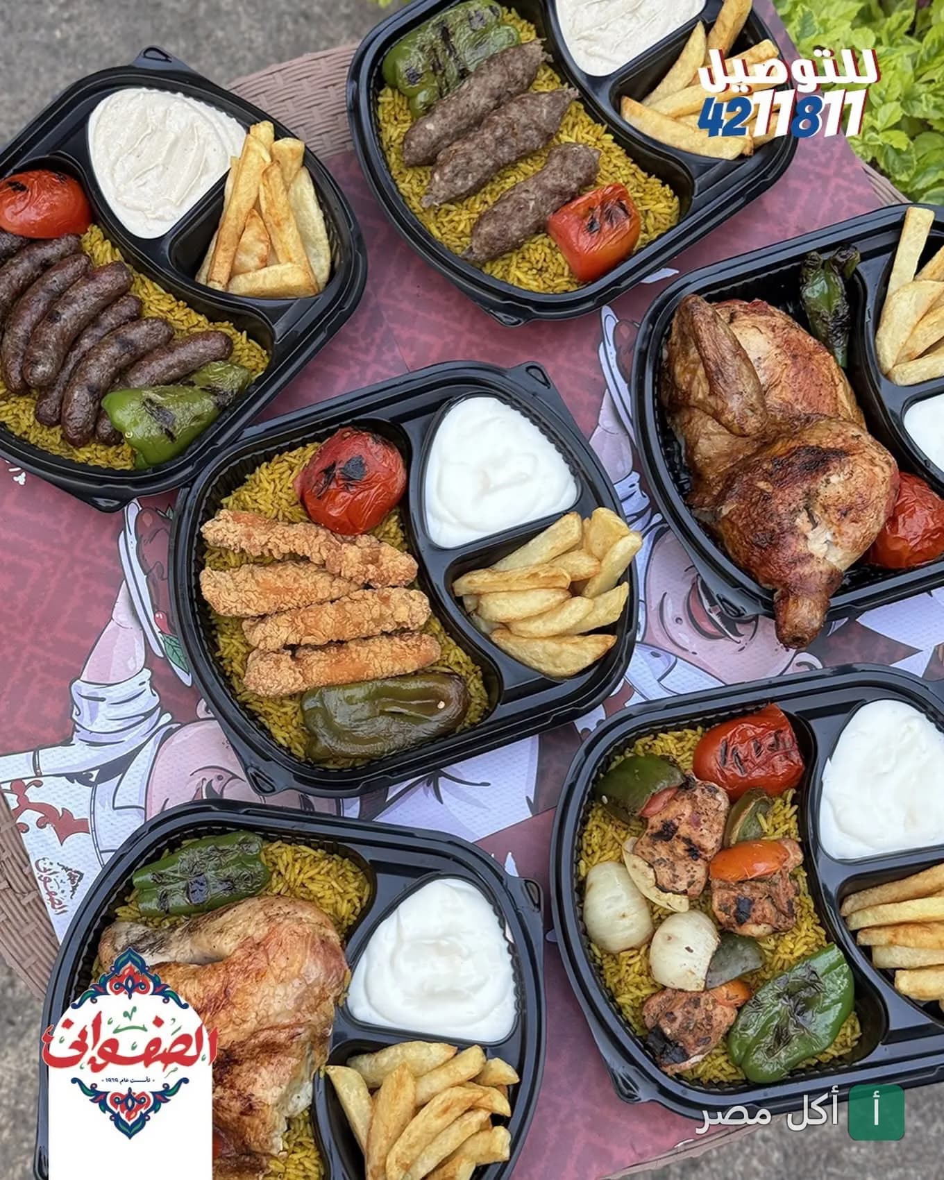 تشكيلة متنوعة من وجبات المشاوي في أطباق تيك أواي من مطعم الصفواني بالإسكندرية.