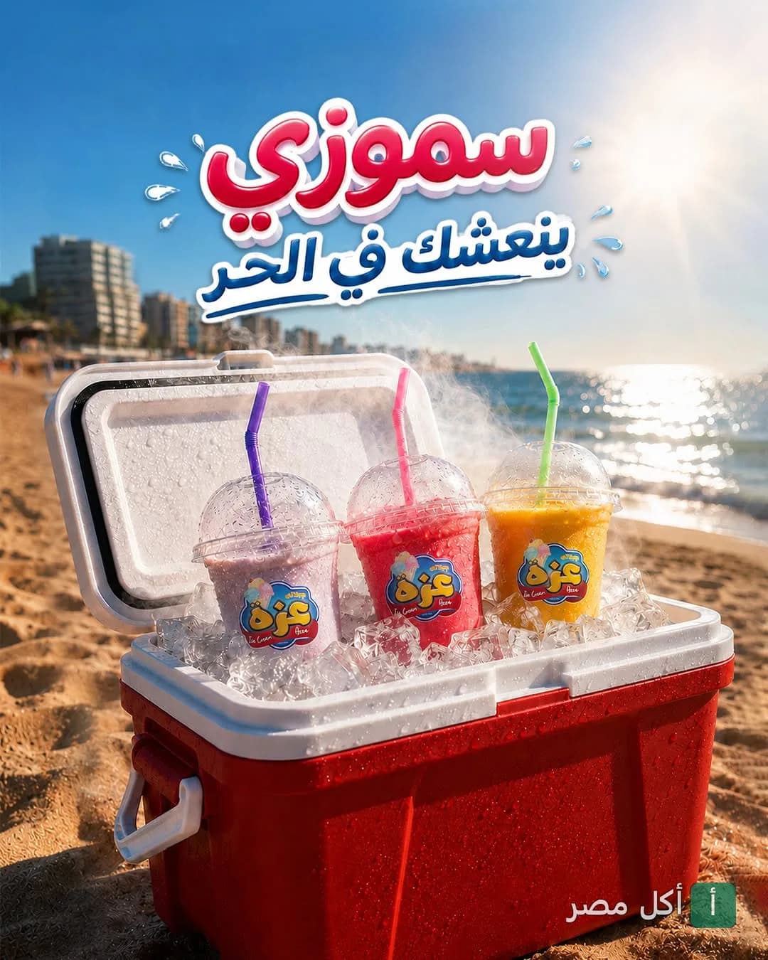 ثلاثة أكواب سموزي ملونة من عزة كافيه داخل صندوق تبريد على شاطئ البحر.