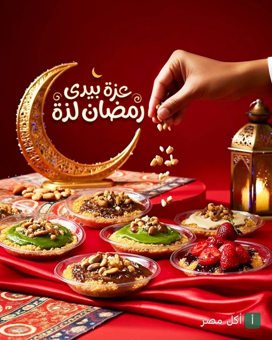 أطباق حلويات رمضانية متنوعة مزينة بالمكسرات في عزة كافيه بمنطقة السيالة شرق، كرموز.