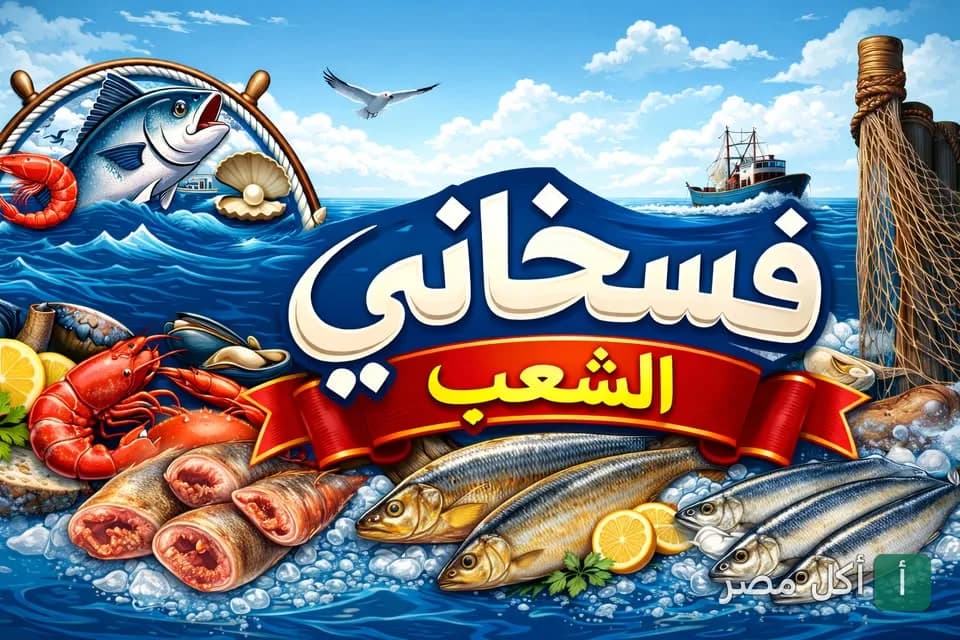 شعار فسخاني الشعب في مينا البصل يظهر أسماكاً طازجة ومأكولات بحرية على خلفية بحرية.