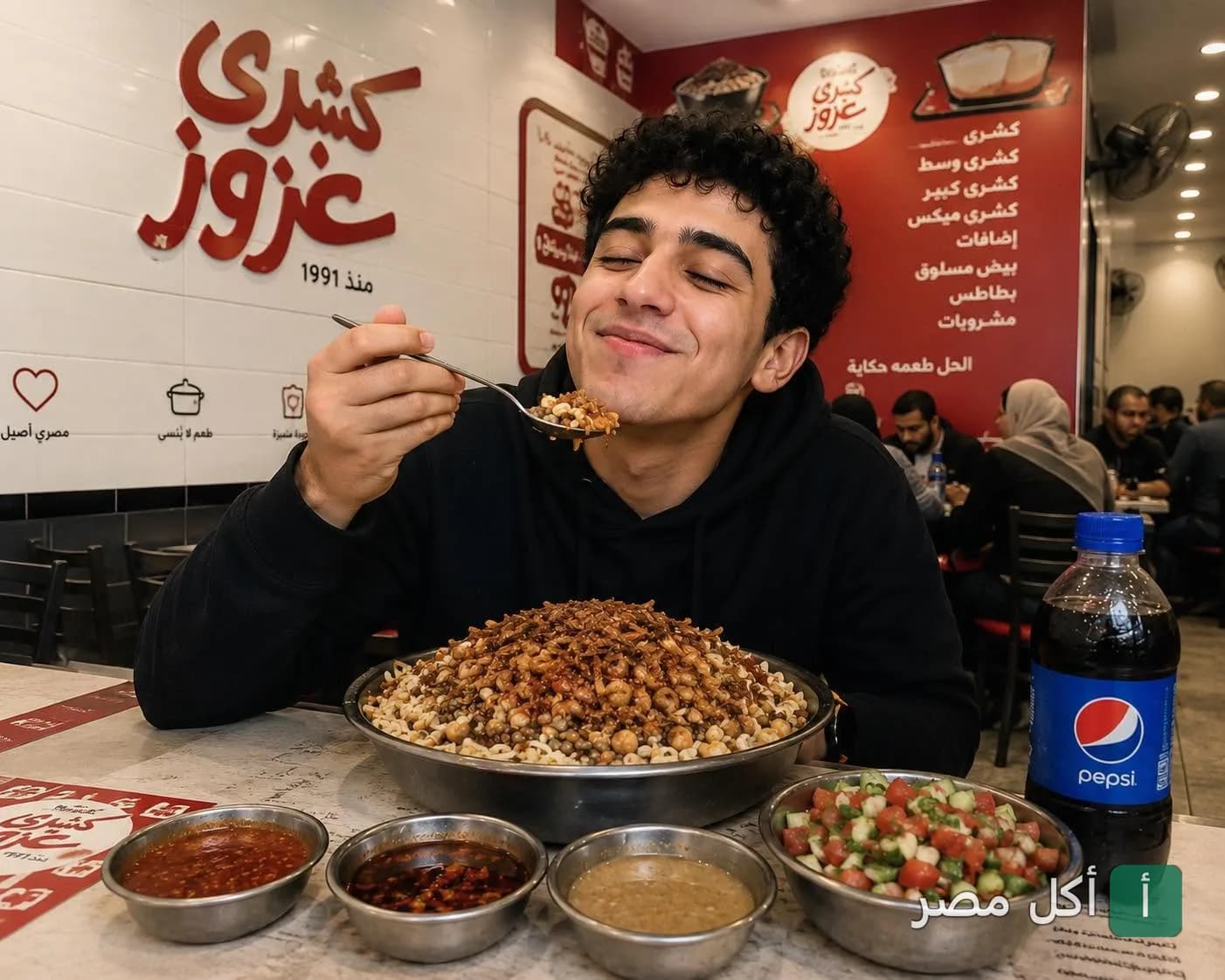 شاب يستمتع بتناول طبق كشري كبير في مطعم كشري عزوز بمينا البصل مع أطباق جانبية ومشروب.