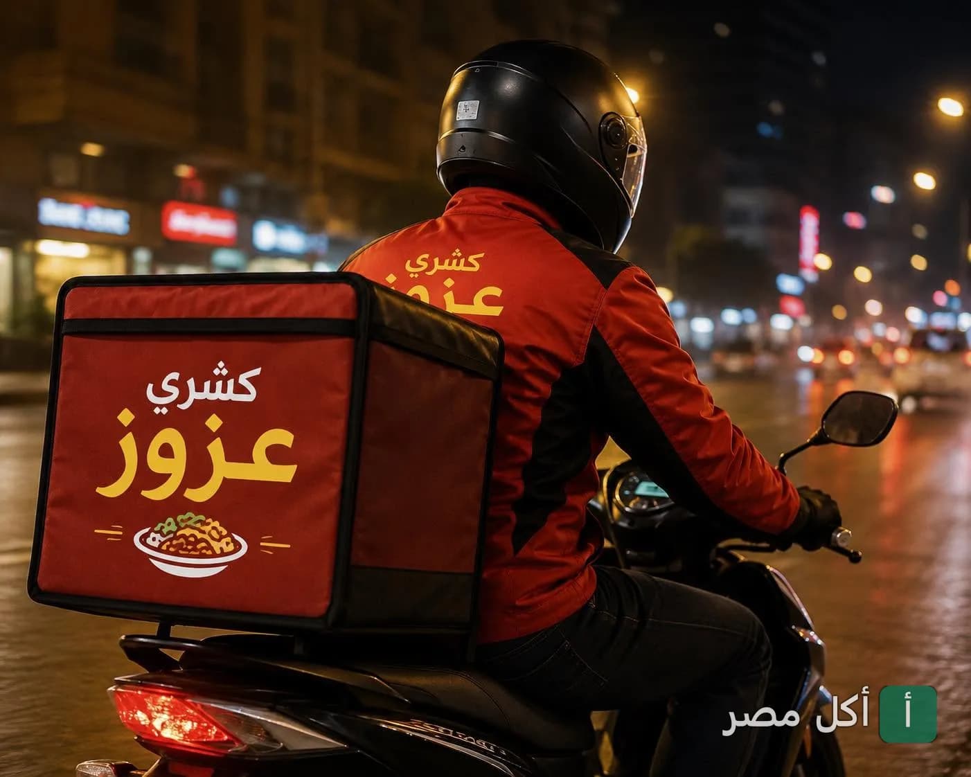مندوب توصيل يرتدي زي كشري عزوز يقود دراجة نارية في شوارع مينا البصل ليلاً.