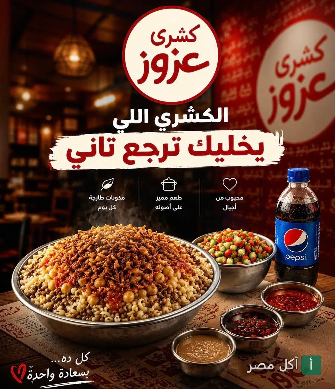 طبق كشري عزوز في مينا البصل مع إضافات وصلصات وزجاجة بيبسي