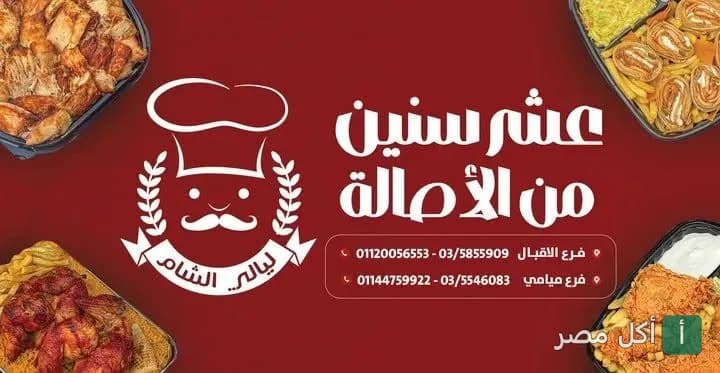 غلاف مطعم ليالي دمشق في مينا البصل يظهر شعار المطعم مع أطباق متنوعة من الوجبات السريعة.