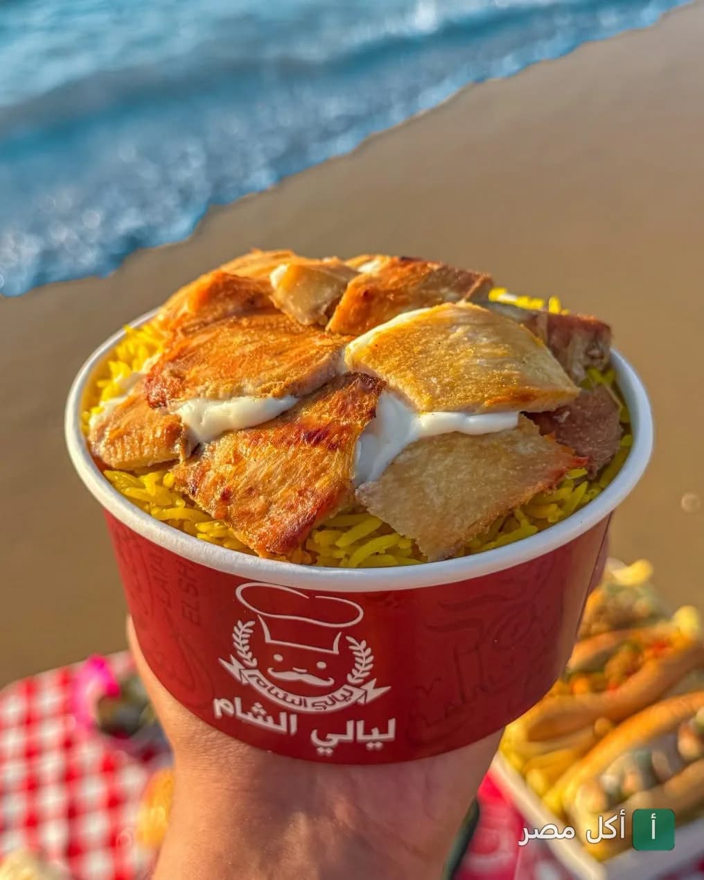 وجبة شاورما دجاج مع أرز أصفر في علبة مطعم ليالي دمشق بمينا البصل