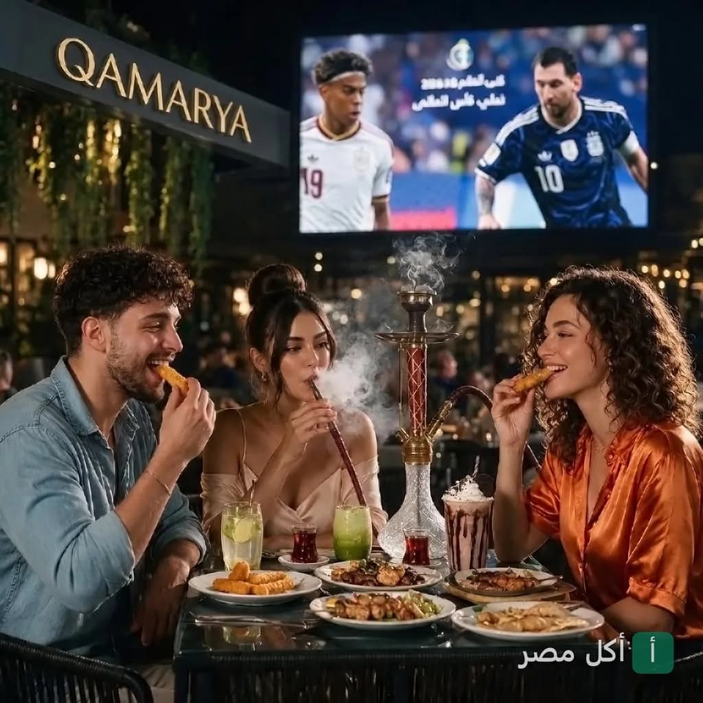 أصدقاء يجلسون في قمراية كافيه بمينا البصل، يشاهدون مباراة كرة قدم ويتناولون الطعام والشيشة في أجواء اجتماعية.