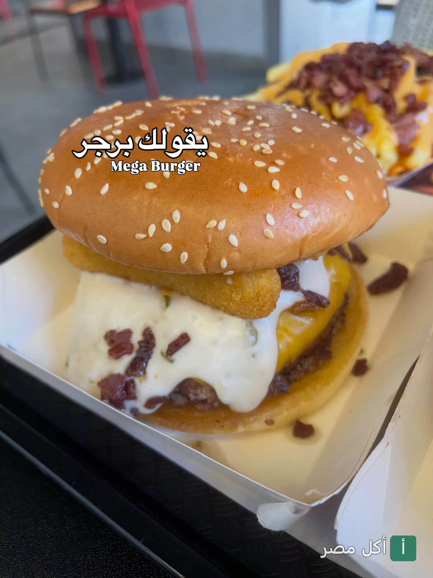 ساندوتش ميجا برجر بصوص الجبنة وقطع اللحم في مطعم المايسترو بمينا البصل.