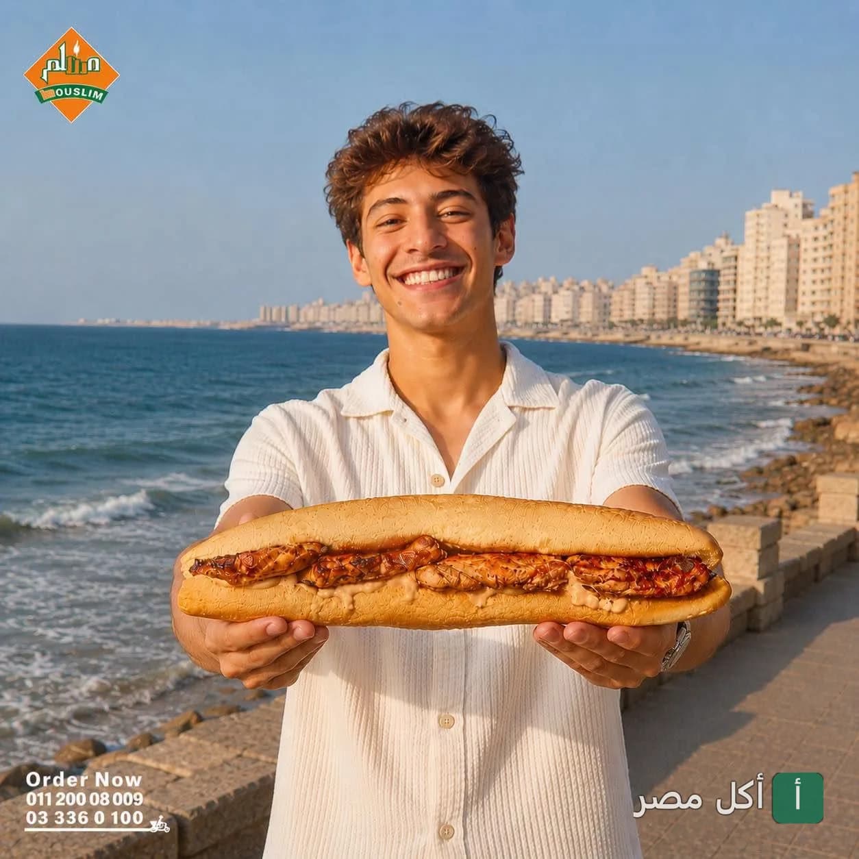 شاب يبتسم ويحمل ساندوتش دجاج مشوي طويل أمام البحر في المنتزة، مطعم مسلم.