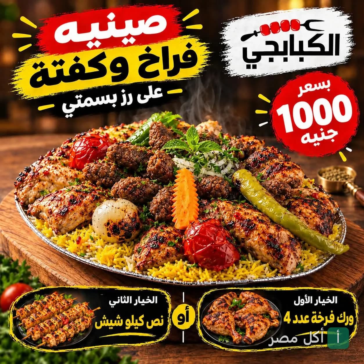 صينية مشويات من الكبابجي في مارينا العلمين، تحتوي على فراخ وكفتة على أرز بسمتي مع خضار مشوي.